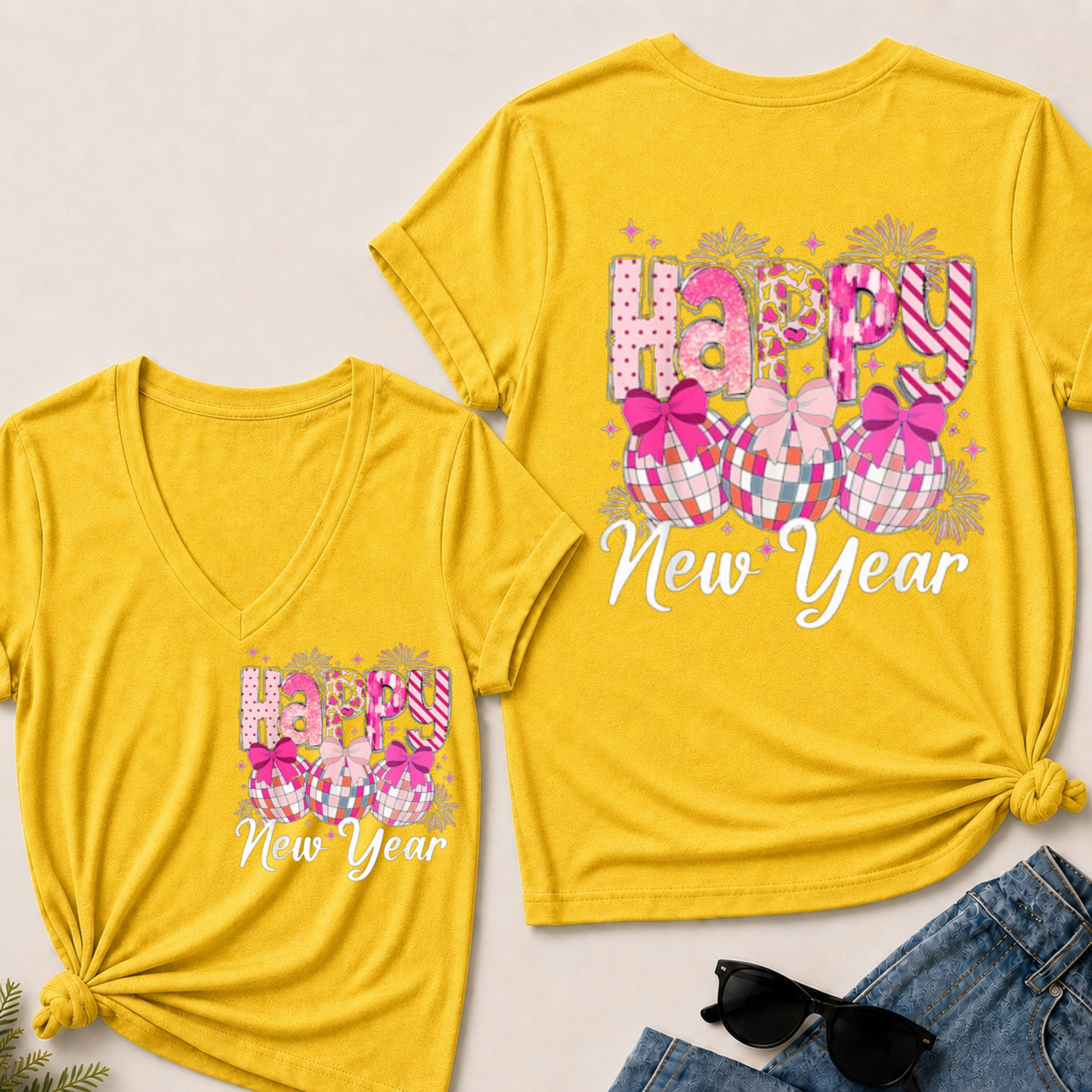 Happy New Year 2026 Disco Ball Bow New Year's Eve Party V-Neck T-Shirt