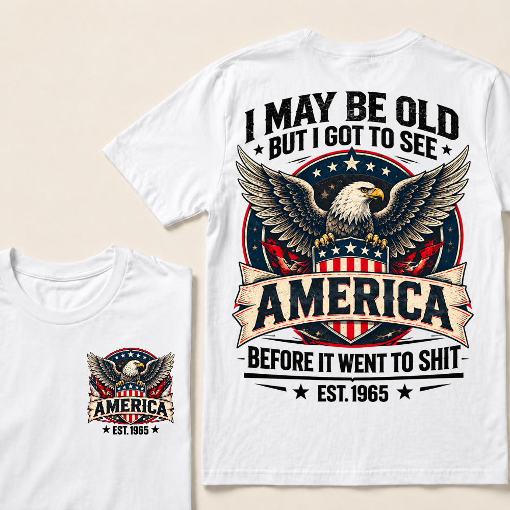 Custom Birth Year American Eagle Tee | Retro USA Banner Shield Patriotic Slogan Double Sided Print Graphic T-Shirt