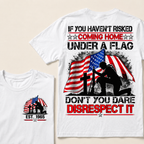 Custom Year Fallen Soldier Tribute Tee | Kneeling Warrior Rifle Cross Waving USA Flag Patriotic Double Sided Print Mens T-Shirt