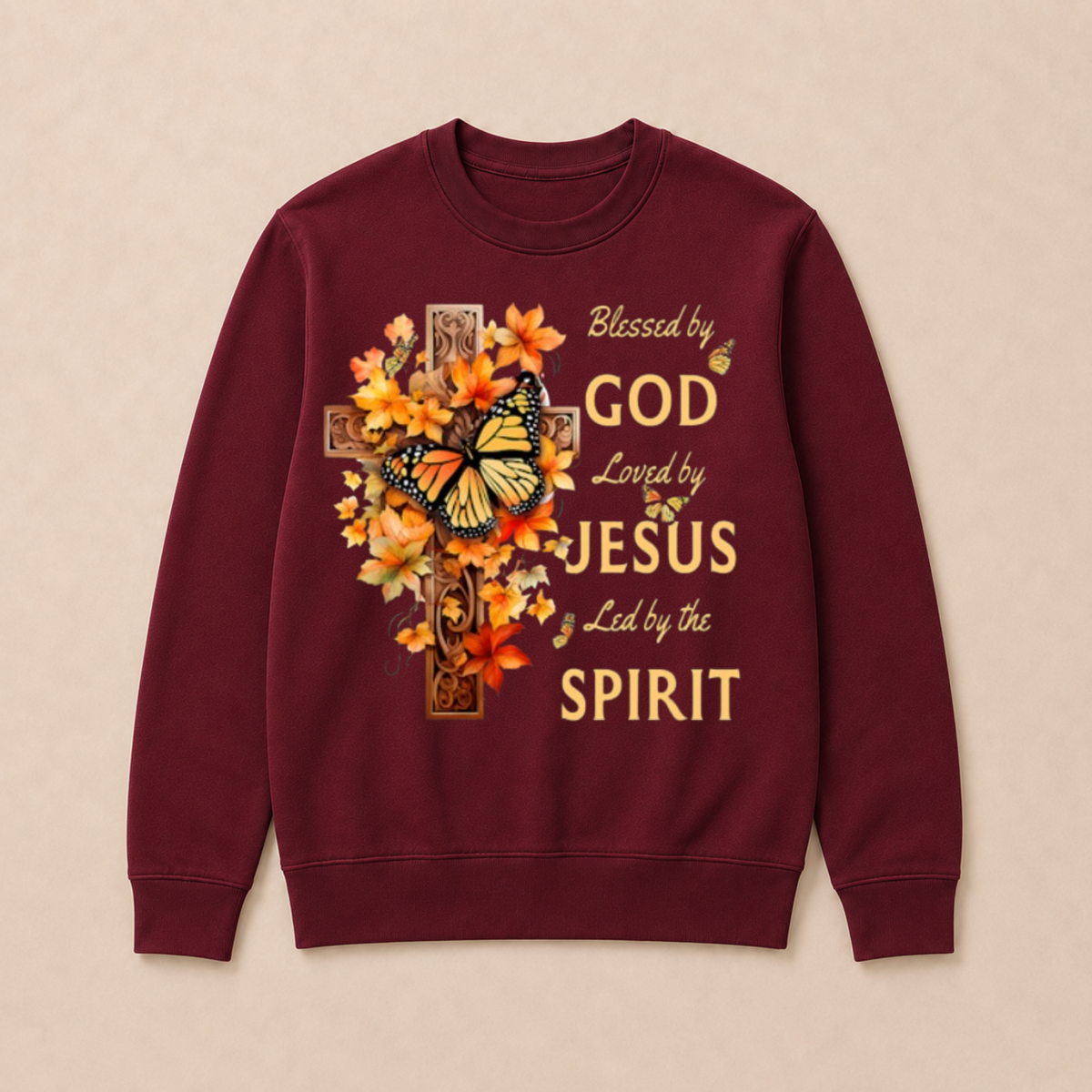 Blessed By God Loved By Jesus Fall Leaves Christian Cross Jesus God Christian Crewneck Sweatshirt