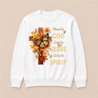 Blessed By God Loved By Jesus Fall Leaves Christian Cross Jesus God Christian Crewneck Sweatshirt