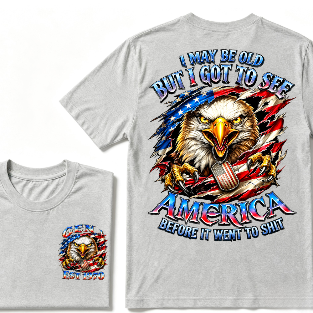 Customizable Birth Year Gen X Eagle Tee | Funny Patriotic Slogan T-Shirt Double Sided Print Torn American Flag Bald Eagle Dog Tag Top