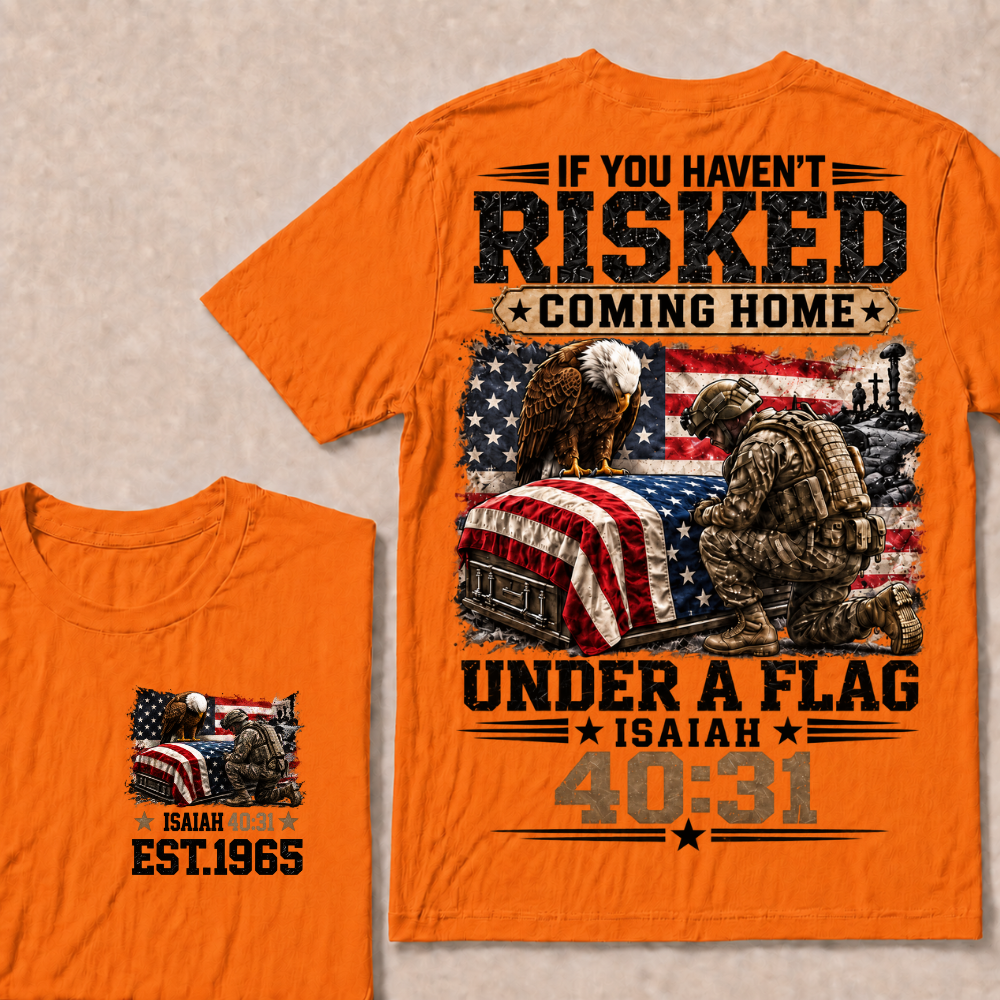 Custom Year Military Memorial Faith Tee | Kneeling Soldier Casket USA Flag Bald Eagle Isaiah 40:31 Double Sided Print Mens Patriotic T-Shirt