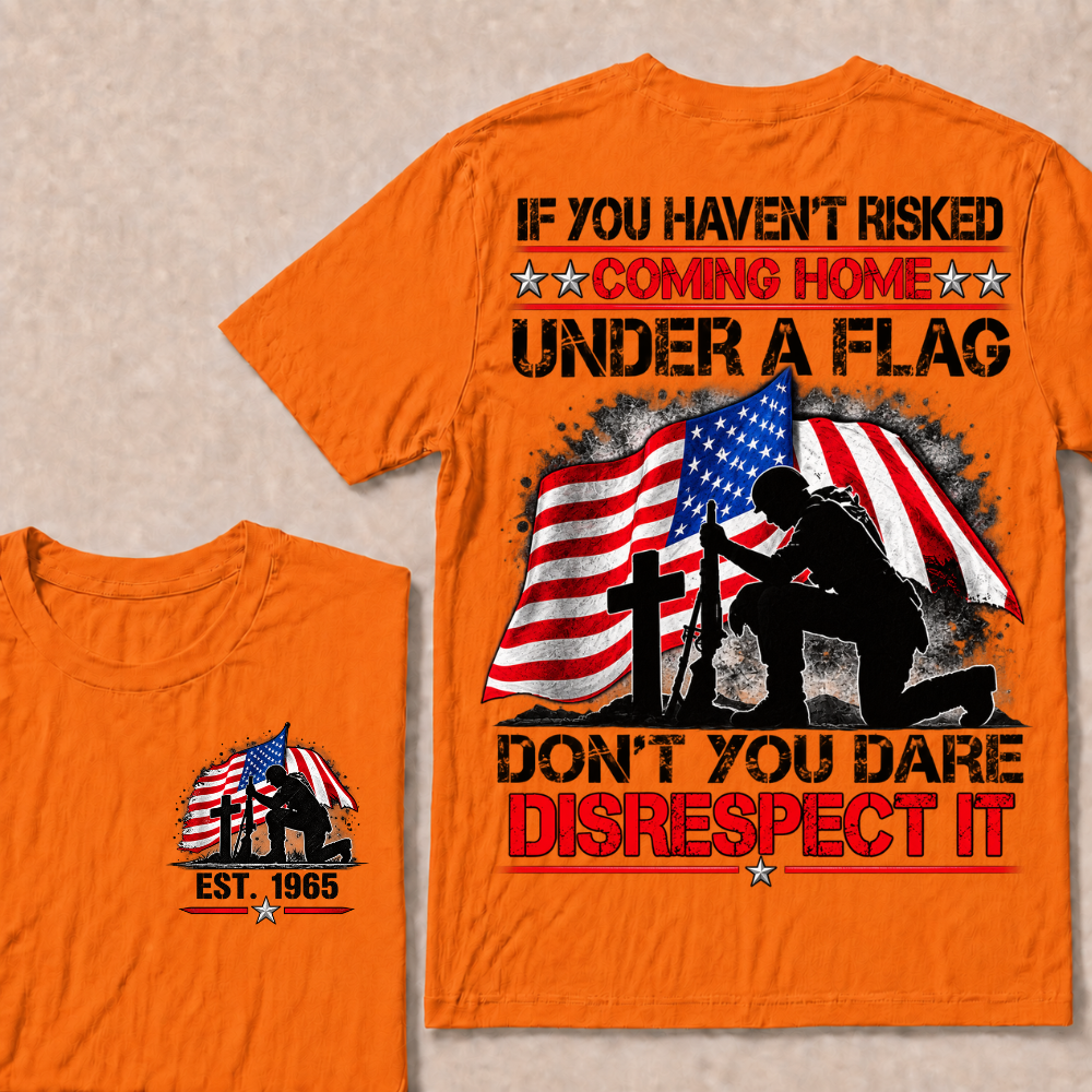 Custom Year Fallen Soldier Tribute Tee | Kneeling Warrior Rifle Cross Waving USA Flag Patriotic Double Sided Print Mens T-Shirt