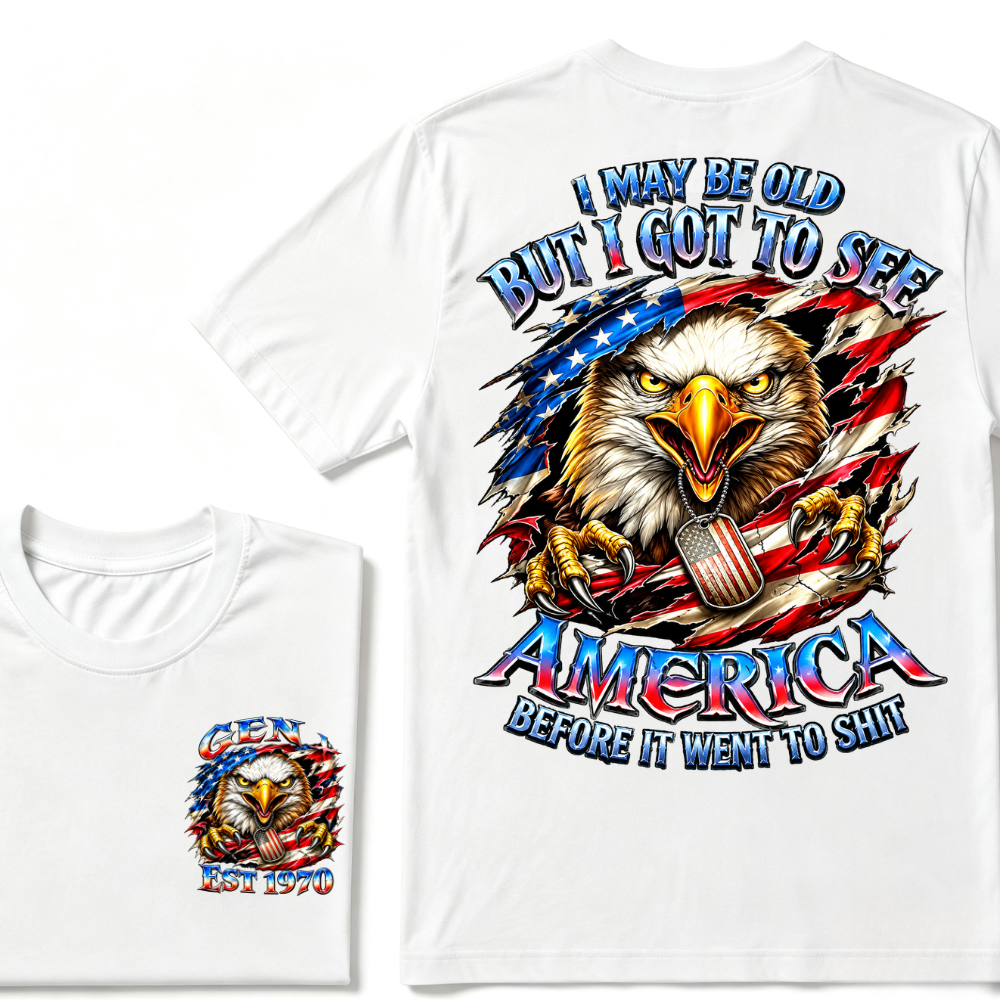 Customizable Birth Year Gen X Eagle Tee | Funny Patriotic Slogan T-Shirt Double Sided Print Torn American Flag Bald Eagle Dog Tag Top