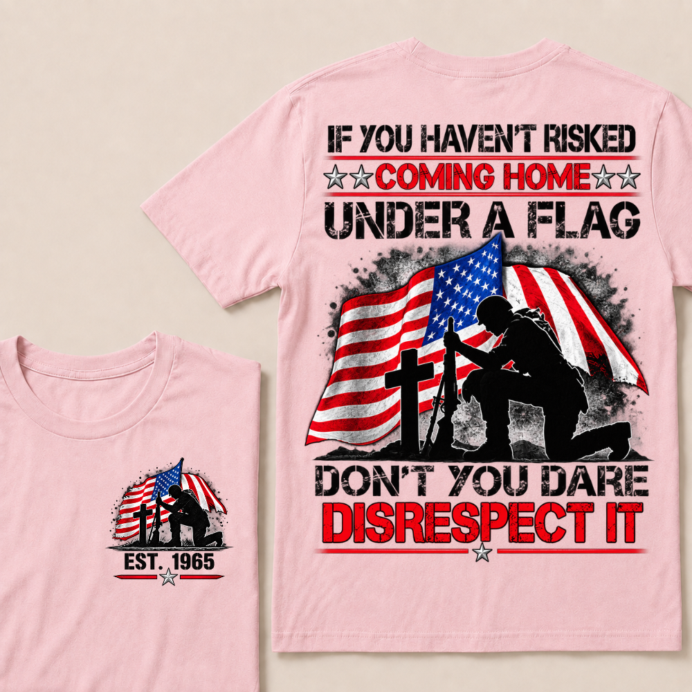 Custom Year Fallen Soldier Tribute Tee | Kneeling Warrior Rifle Cross Waving USA Flag Patriotic Double Sided Print Mens T-Shirt