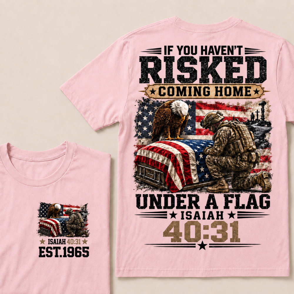 Custom Year Military Memorial Faith Tee | Kneeling Soldier Casket USA Flag Bald Eagle Isaiah 40:31 Double Sided Print Mens Patriotic T-Shirt