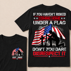 Custom Year Fallen Soldier Tribute Tee | Kneeling Warrior Rifle Cross Waving USA Flag Patriotic Double Sided Print Mens T-Shirt