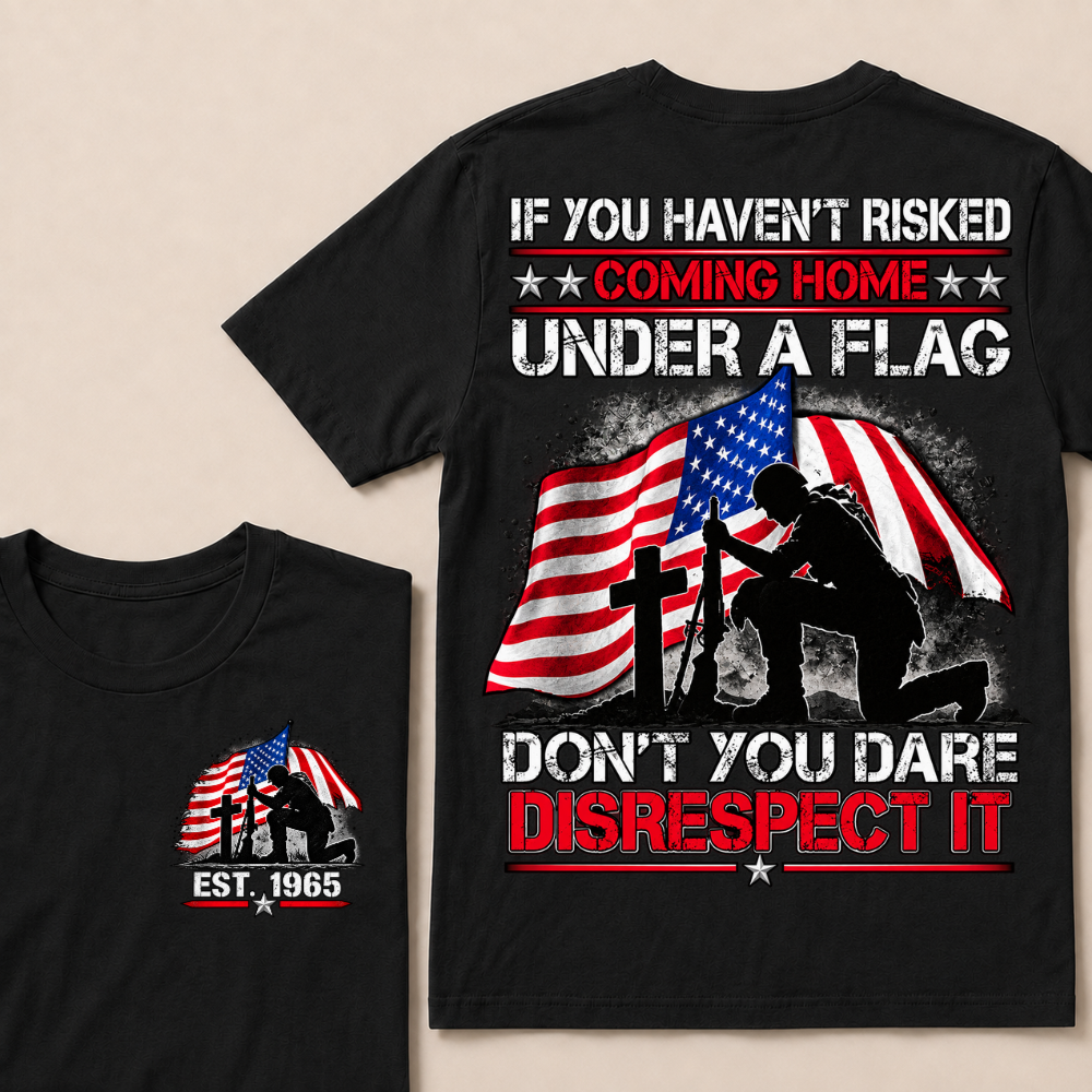 Custom Year Fallen Soldier Tribute Tee | Kneeling Warrior Rifle Cross Waving USA Flag Patriotic Double Sided Print Mens T-Shirt
