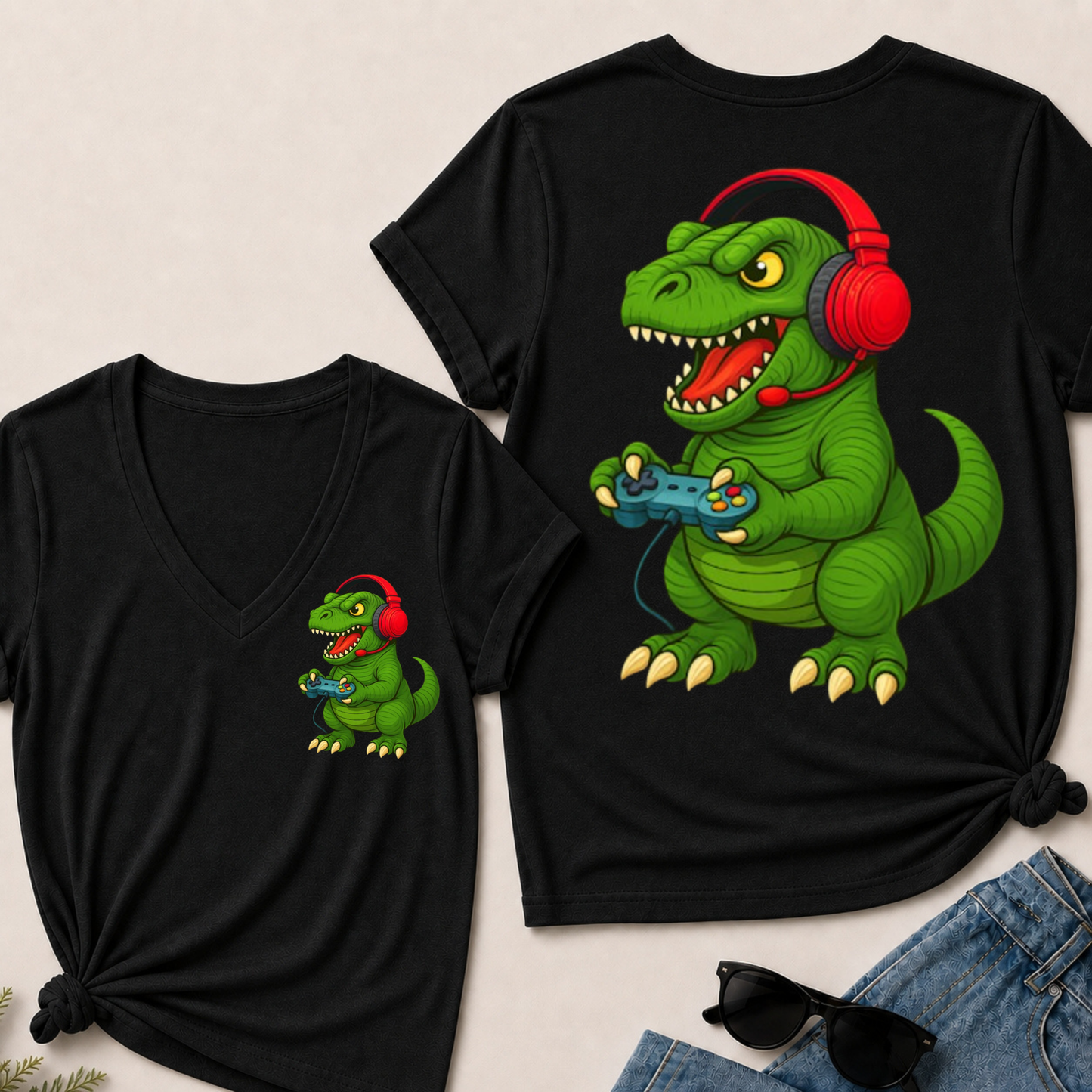 Gamer T Rex Dinosaur Video Games Boys Teen Funny Gift Gaming V-Neck T-Shirt
