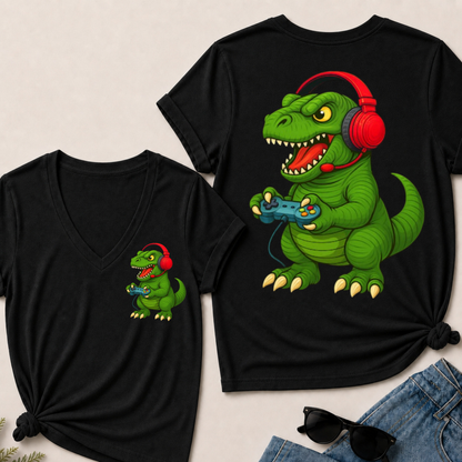 Gamer T Rex Dinosaur Video Games Boys Teen Funny Gift Gaming V-Neck T-Shirt
