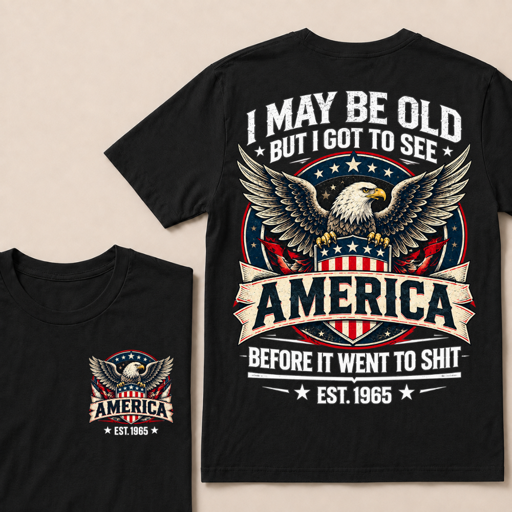 Custom Birth Year American Eagle Tee | Retro USA Banner Shield Patriotic Slogan Double Sided Print Graphic T-Shirt