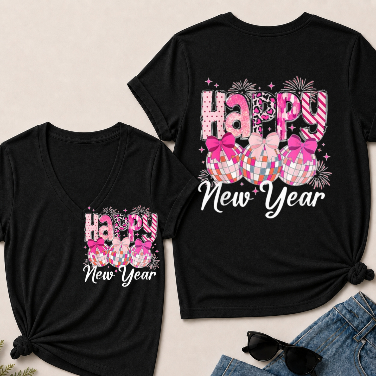 Happy New Year 2026 Disco Ball Bow New Year's Eve Party V-Neck T-Shirt