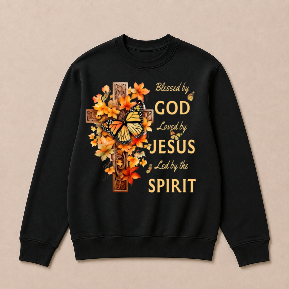 Blessed By God Loved By Jesus Fall Leaves Christian Cross Jesus God Christian Crewneck Sweatshirt