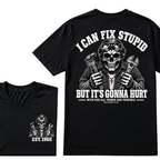 Custom Year I Can Fix Stupid Mechanic Skull Double Print Tee