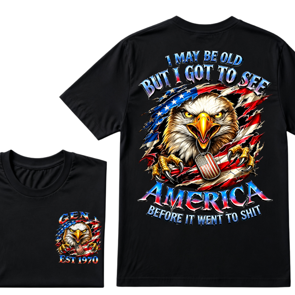 Customizable Birth Year Gen X Eagle Tee | Funny Patriotic Slogan T-Shirt Double Sided Print Torn American Flag Bald Eagle Dog Tag Top