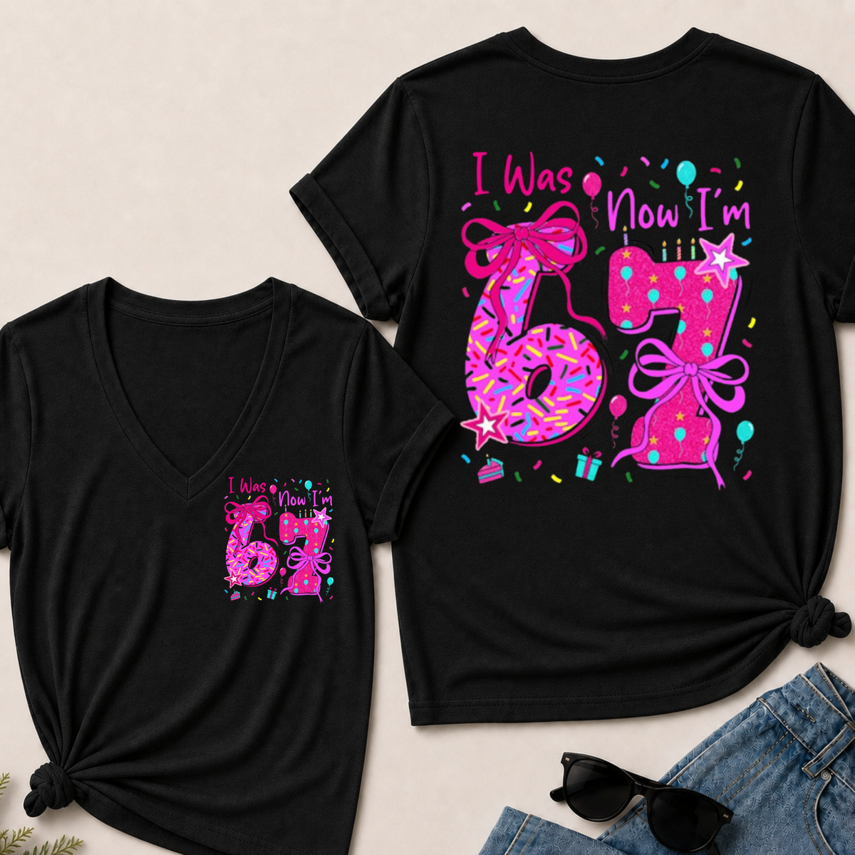 7th Birthday Girl I was 6 Now I'm 7 Year Old Girl Birthday V-Neck T-Shirt