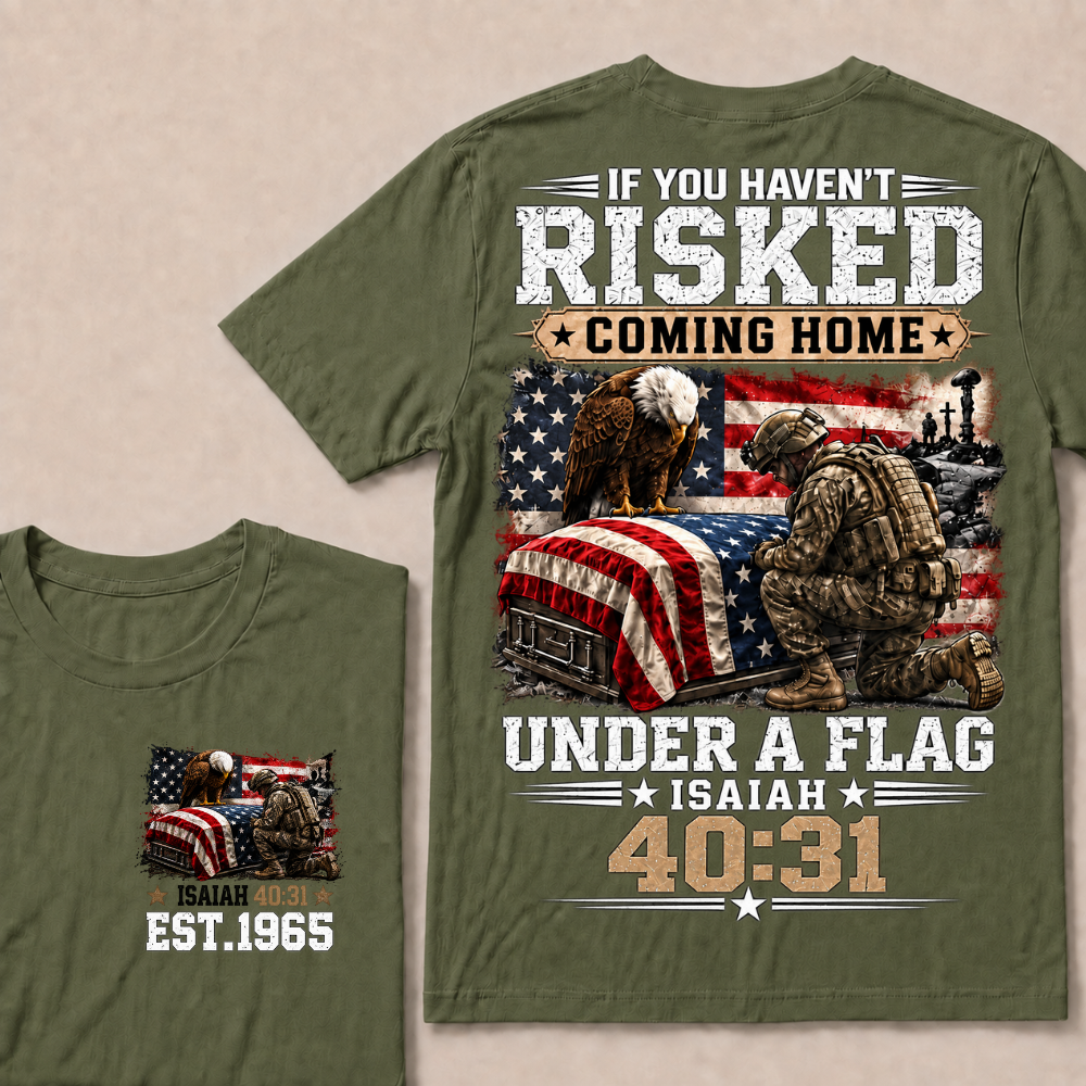 Custom Year Military Memorial Faith Tee | Kneeling Soldier Casket USA Flag Bald Eagle Isaiah 40:31 Double Sided Print Mens Patriotic T-Shirt