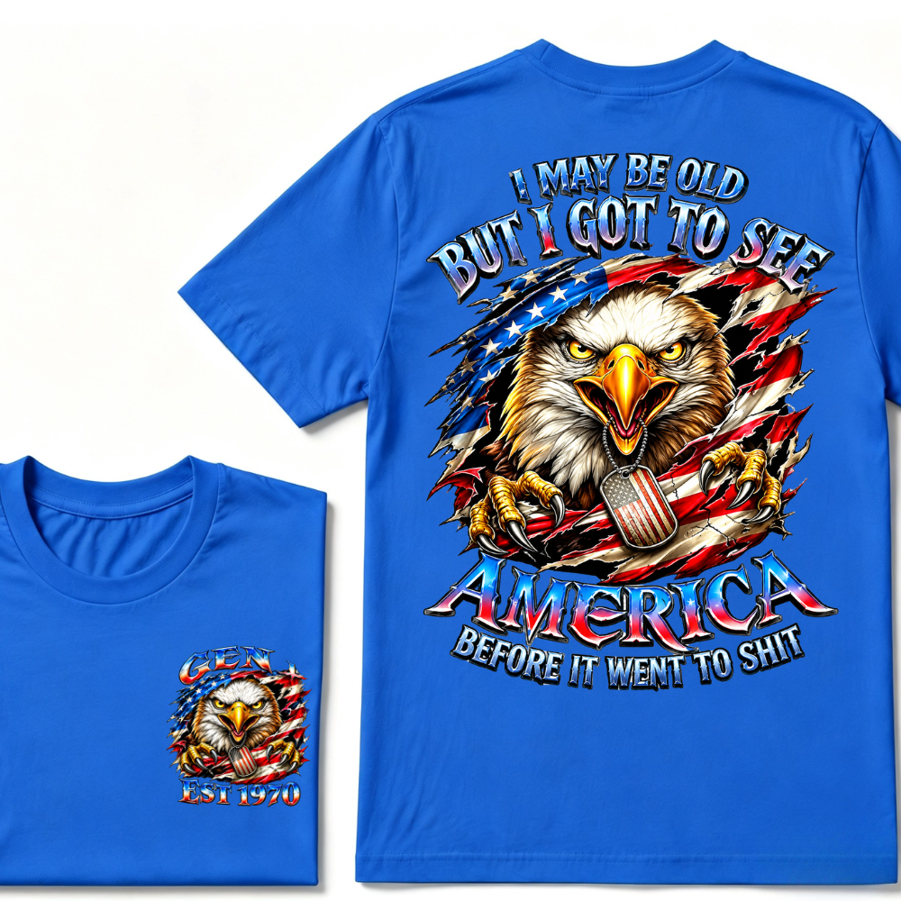 Customizable Birth Year Gen X Eagle Tee | Funny Patriotic Slogan T-Shirt Double Sided Print Torn American Flag Bald Eagle Dog Tag Top