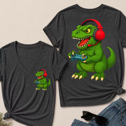 Gamer T Rex Dinosaur Video Games Boys Teen Funny Gift Gaming V-Neck T-Shirt