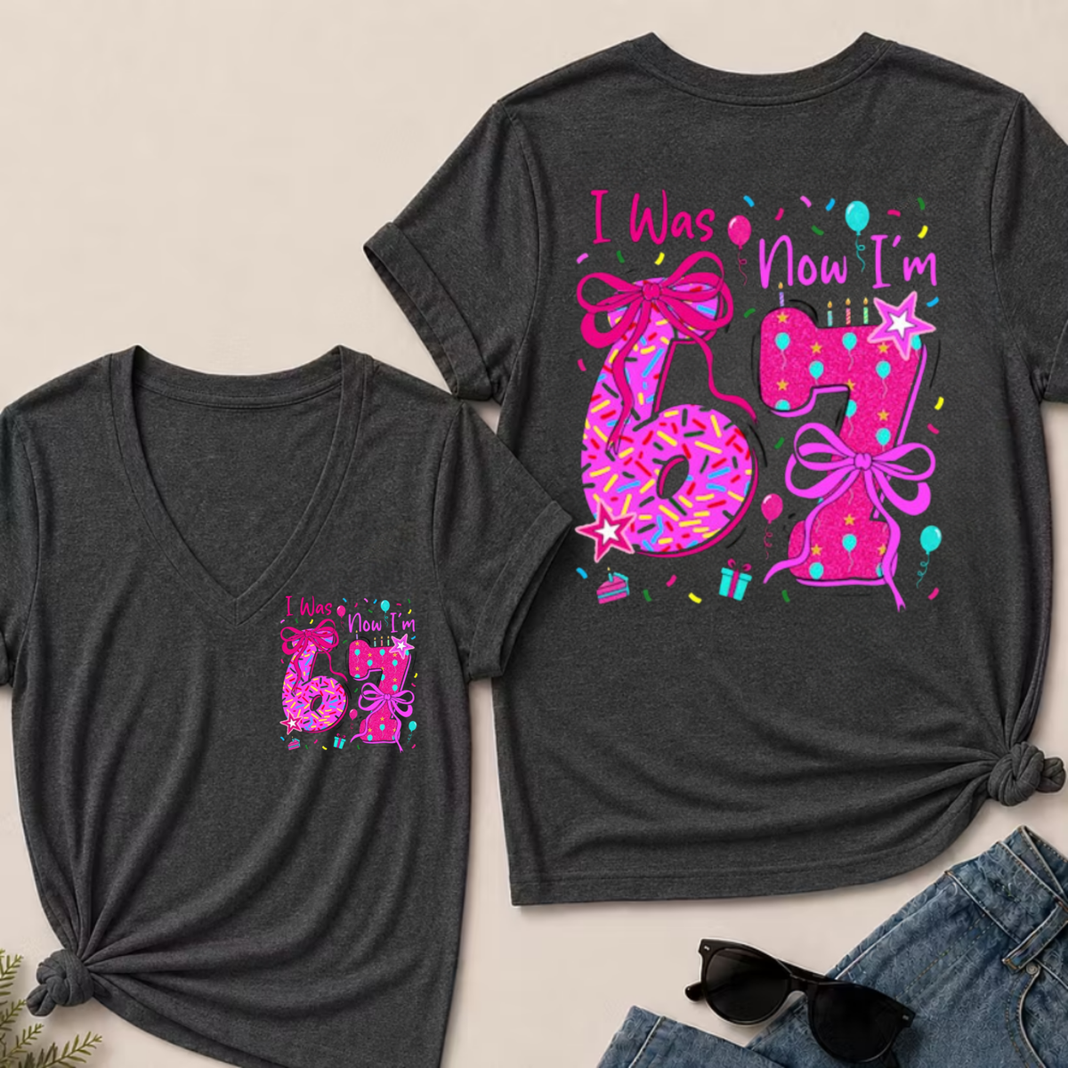 7th Birthday Girl I was 6 Now I'm 7 Year Old Girl Birthday V-Neck T-Shirt