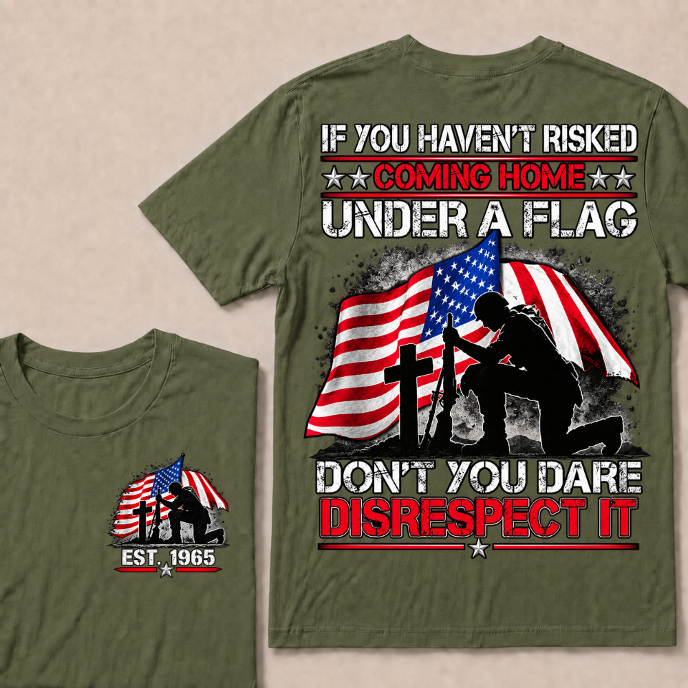 Custom Year Fallen Soldier Tribute Tee | Kneeling Warrior Rifle Cross Waving USA Flag Patriotic Double Sided Print Mens T-Shirt