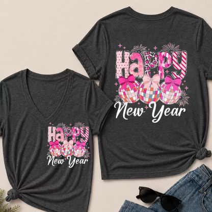 Happy New Year 2026 Disco Ball Bow New Year's Eve Party V-Neck T-Shirt