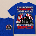 Custom Year Fallen Soldier Tribute Tee | Kneeling Warrior Rifle Cross Waving USA Flag Patriotic Double Sided Print Mens T-Shirt