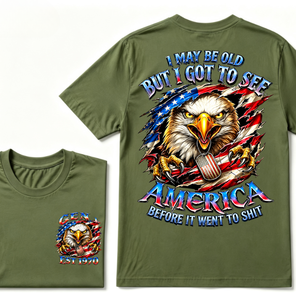 Customizable Birth Year Gen X Eagle Tee | Funny Patriotic Slogan T-Shirt Double Sided Print Torn American Flag Bald Eagle Dog Tag Top