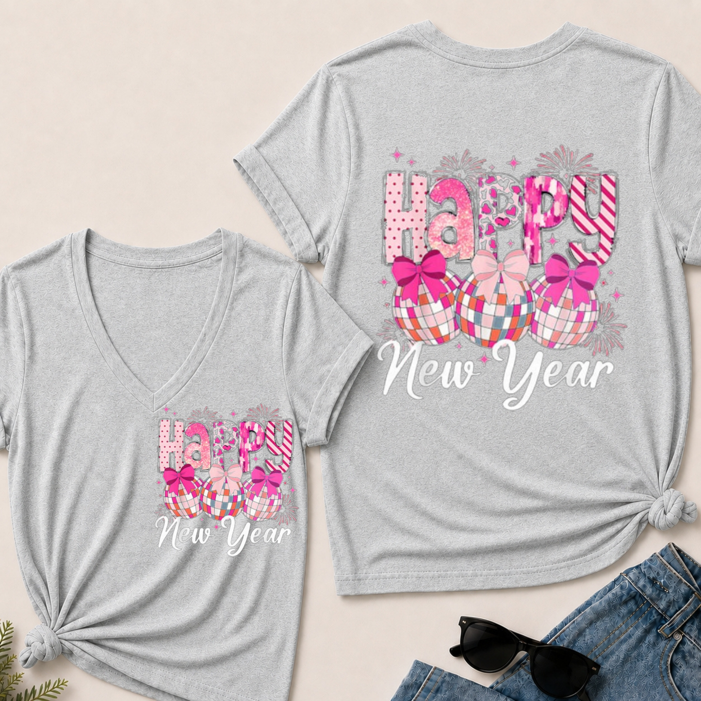 Happy New Year 2026 Disco Ball Bow New Year's Eve Party V-Neck T-Shirt