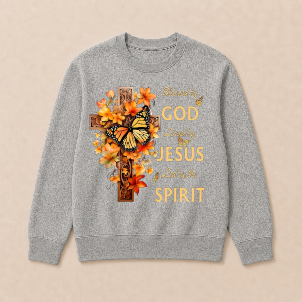 Blessed By God Loved By Jesus Fall Leaves Christian Cross Jesus God Christian Crewneck Sweatshirt