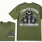 Custom Year I Can Fix Stupid Mechanic Skull Double Print Tee