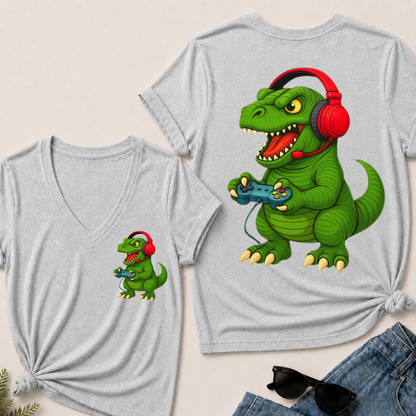 Gamer T Rex Dinosaur Video Games Boys Teen Funny Gift Gaming V-Neck T-Shirt