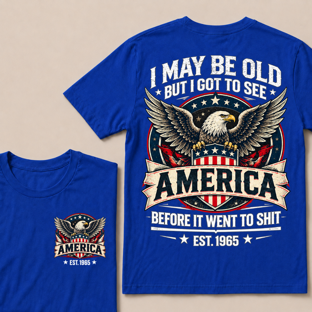 Custom Birth Year American Eagle Tee | Retro USA Banner Shield Patriotic Slogan Double Sided Print Graphic T-Shirt