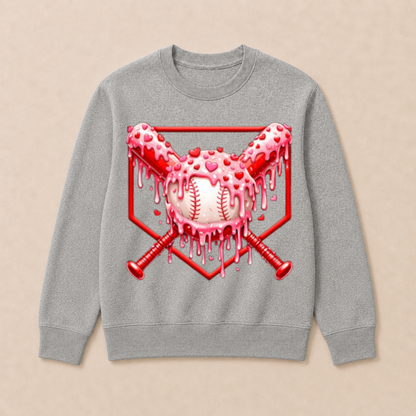 Valentines Day Baseball Boys Ice Cream Drip Heart Youth Kids Crewneck Sweatshirt