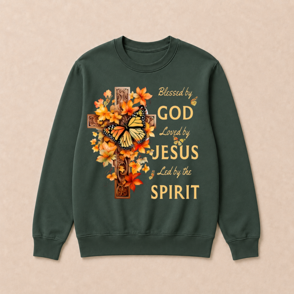 Blessed By God Loved By Jesus Fall Leaves Christian Cross Jesus God Christian Crewneck Sweatshirt