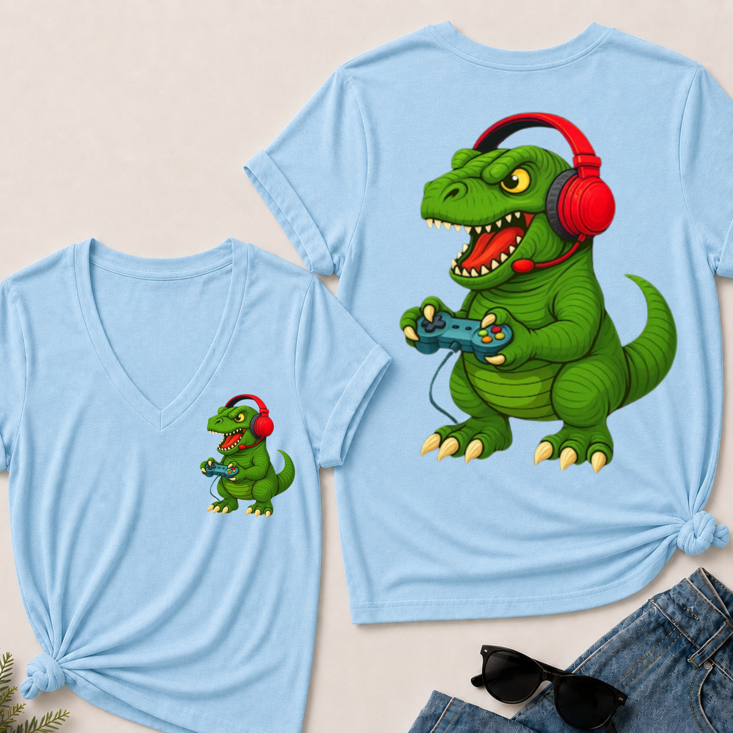 Gamer T Rex Dinosaur Video Games Boys Teen Funny Gift Gaming V-Neck T-Shirt