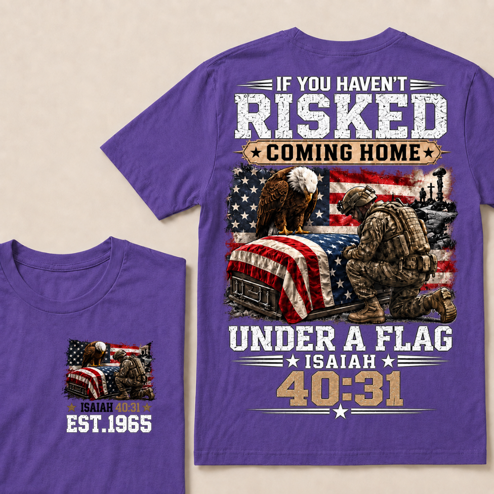 Custom Year Military Memorial Faith Tee | Kneeling Soldier Casket USA Flag Bald Eagle Isaiah 40:31 Double Sided Print Mens Patriotic T-Shirt
