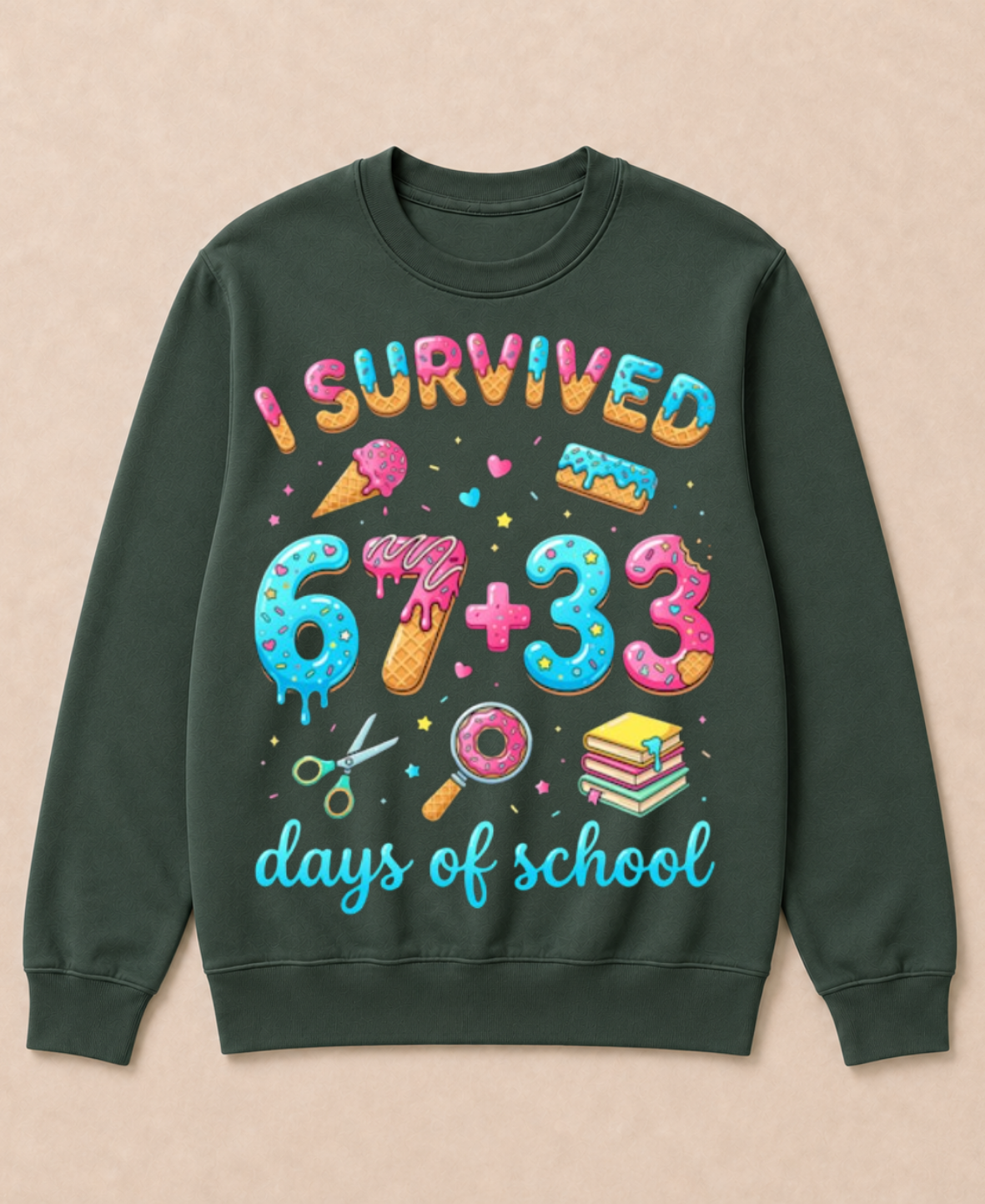 I Survived 100 Days of School 67+33 Days Teachers 100th Day Crewneck Sweatshirt