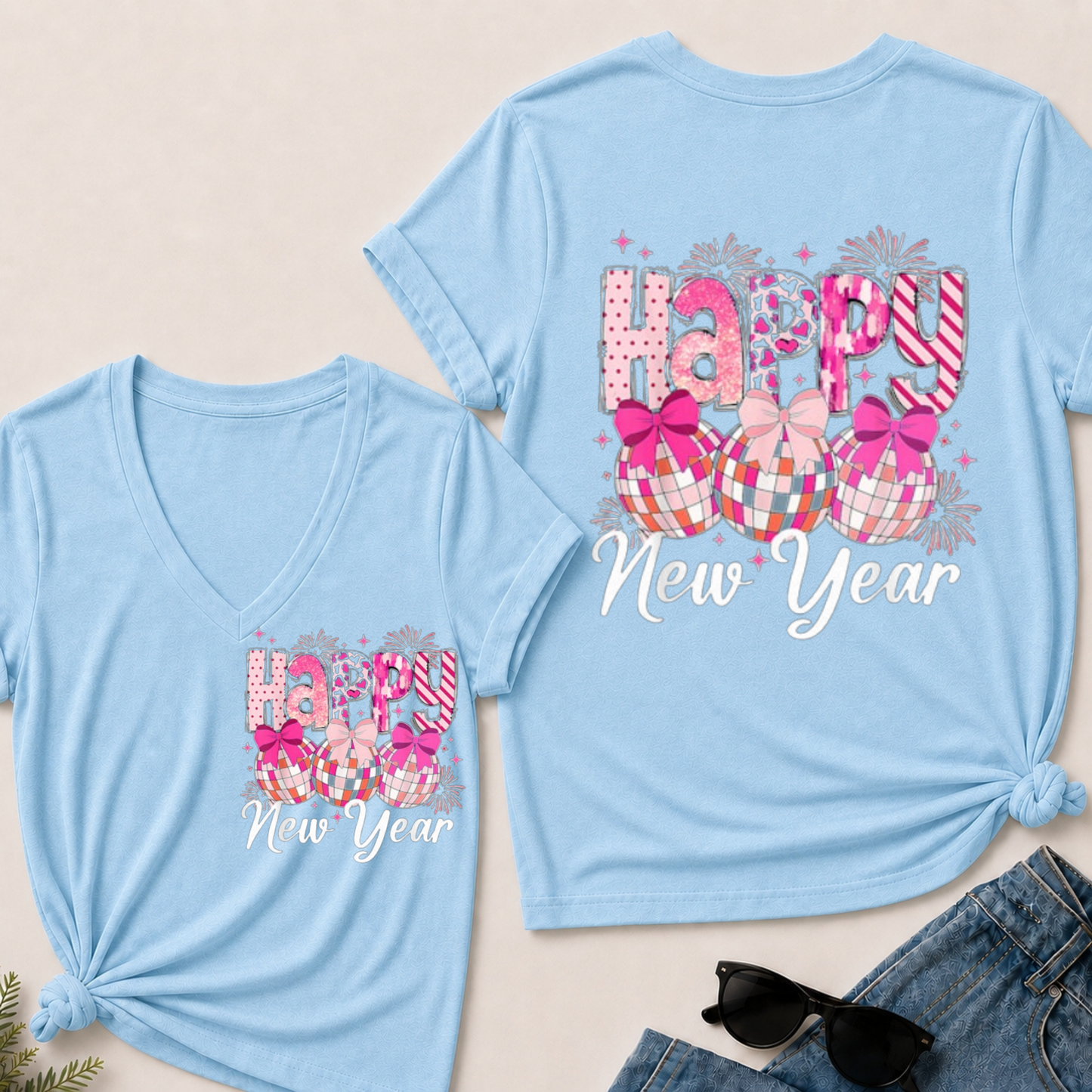 Happy New Year 2026 Disco Ball Bow New Year's Eve Party V-Neck T-Shirt