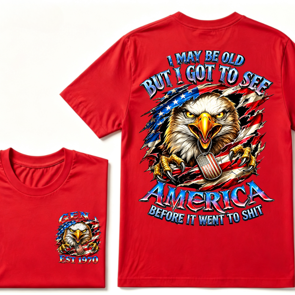 Customizable Birth Year Gen X Eagle Tee | Funny Patriotic Slogan T-Shirt Double Sided Print Torn American Flag Bald Eagle Dog Tag Top