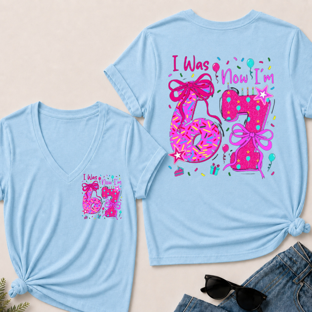 7th Birthday Girl I was 6 Now I'm 7 Year Old Girl Birthday V-Neck T-Shirt