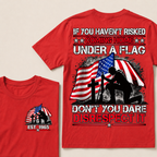 Custom Year Fallen Soldier Tribute Tee | Kneeling Warrior Rifle Cross Waving USA Flag Patriotic Double Sided Print Mens T-Shirt