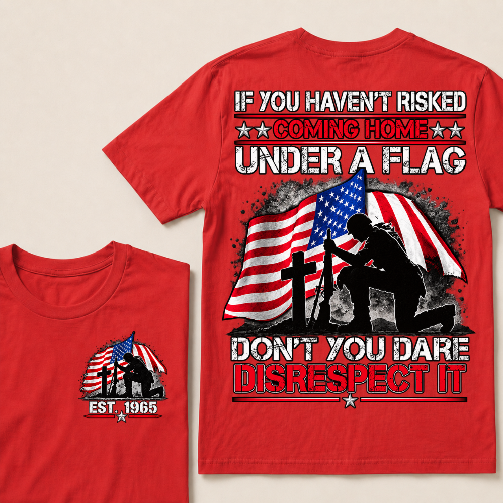 Custom Year Fallen Soldier Tribute Tee | Kneeling Warrior Rifle Cross Waving USA Flag Patriotic Double Sided Print Mens T-Shirt