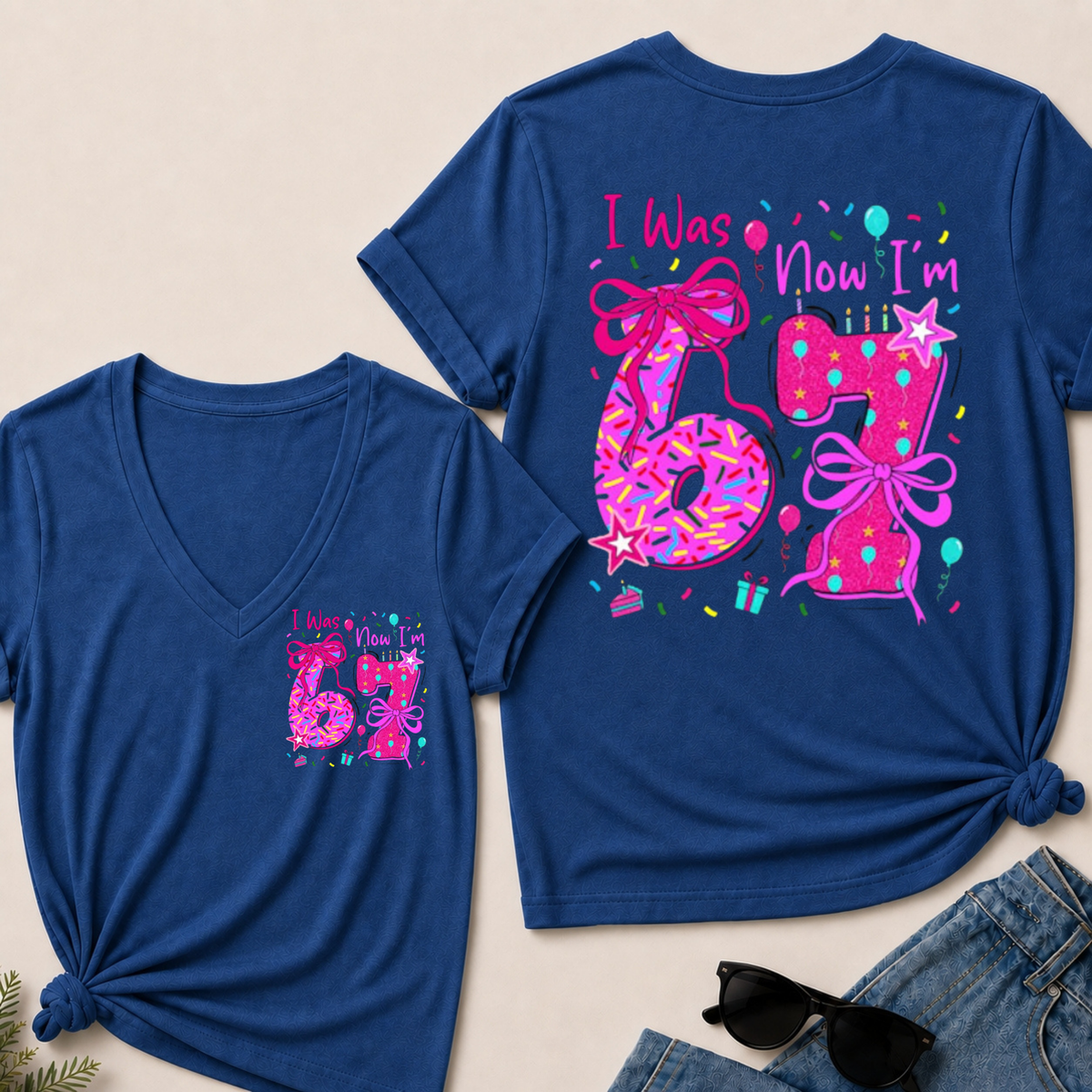 7th Birthday Girl I was 6 Now I'm 7 Year Old Girl Birthday V-Neck T-Shirt