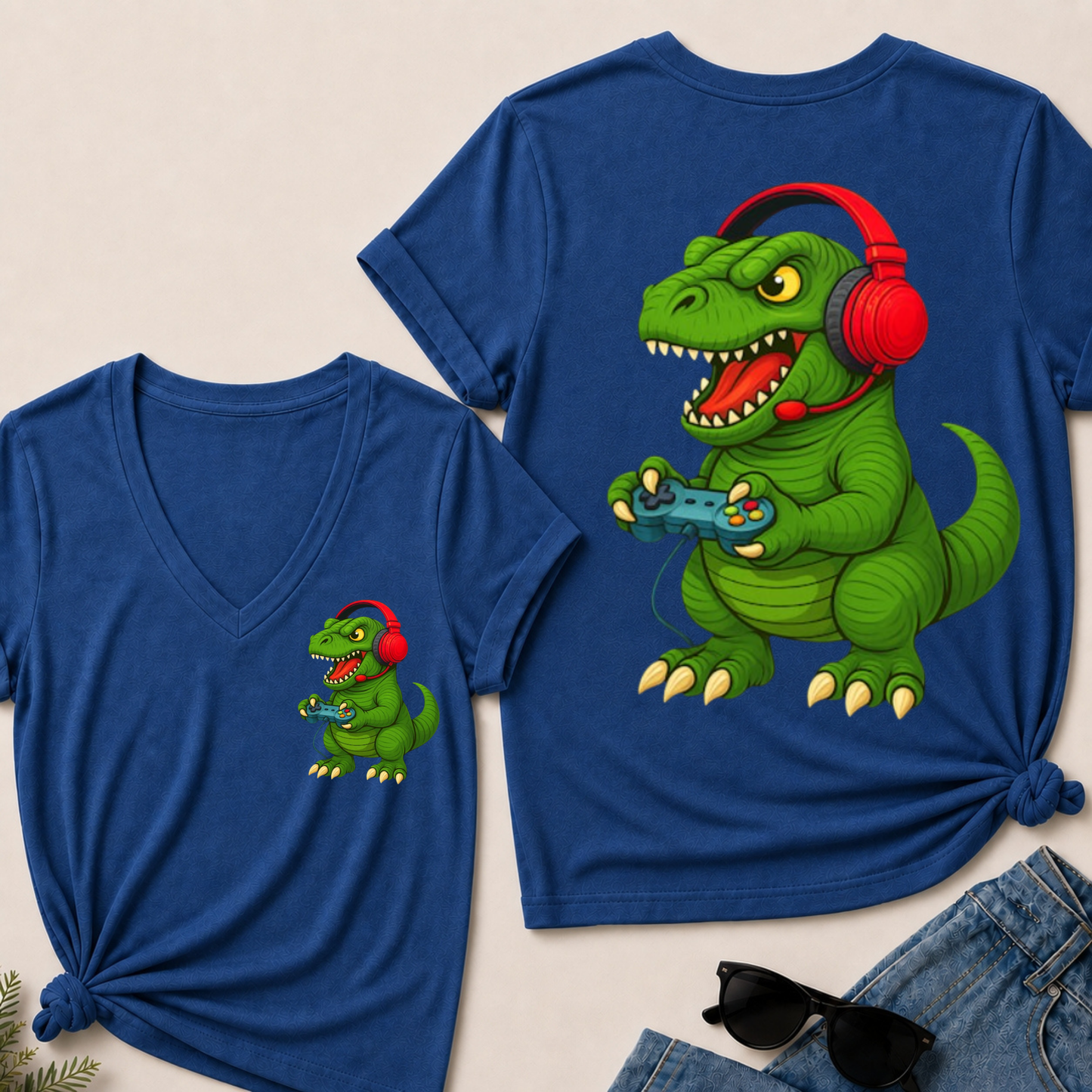 Gamer T Rex Dinosaur Video Games Boys Teen Funny Gift Gaming V-Neck T-Shirt