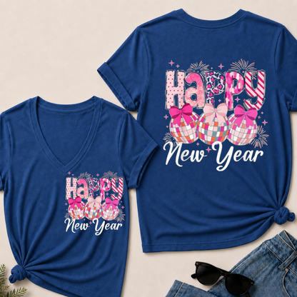 Happy New Year 2026 Disco Ball Bow New Year's Eve Party V-Neck T-Shirt
