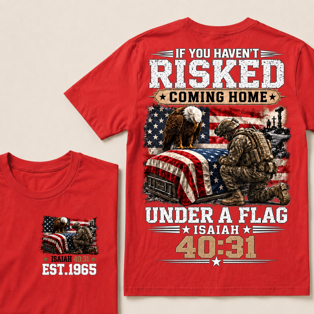 Custom Year Military Memorial Faith Tee | Kneeling Soldier Casket USA Flag Bald Eagle Isaiah 40:31 Double Sided Print Mens Patriotic T-Shirt