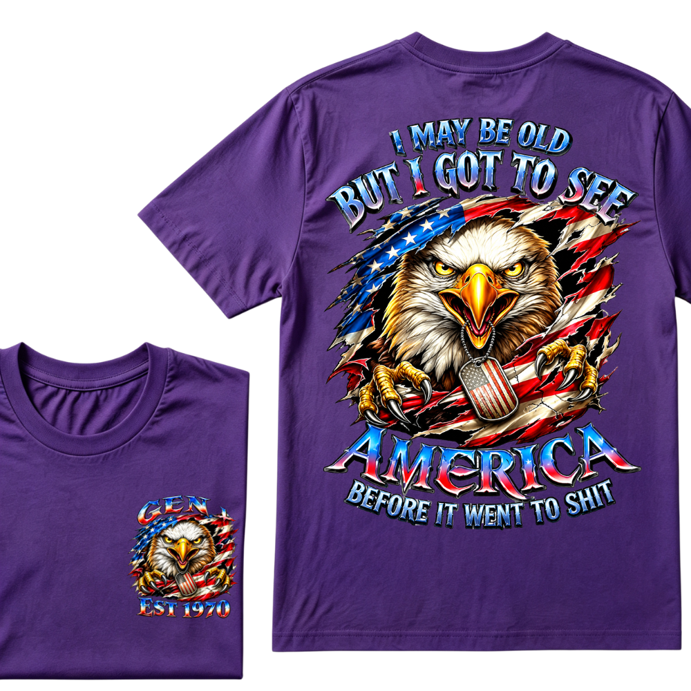 Customizable Birth Year Gen X Eagle Tee | Funny Patriotic Slogan T-Shirt Double Sided Print Torn American Flag Bald Eagle Dog Tag Top