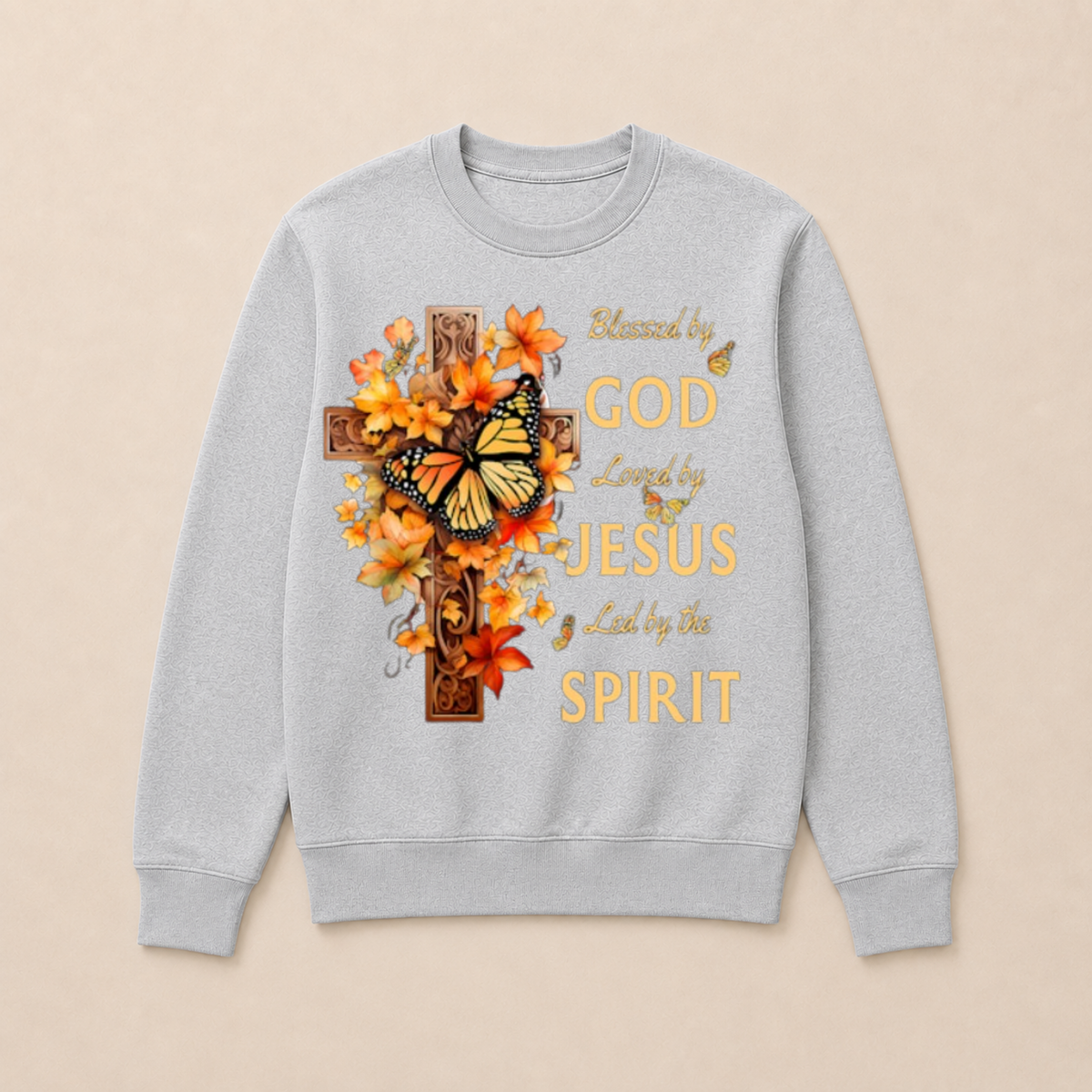 Blessed By God Loved By Jesus Fall Leaves Christian Cross Jesus God Christian Crewneck Sweatshirt